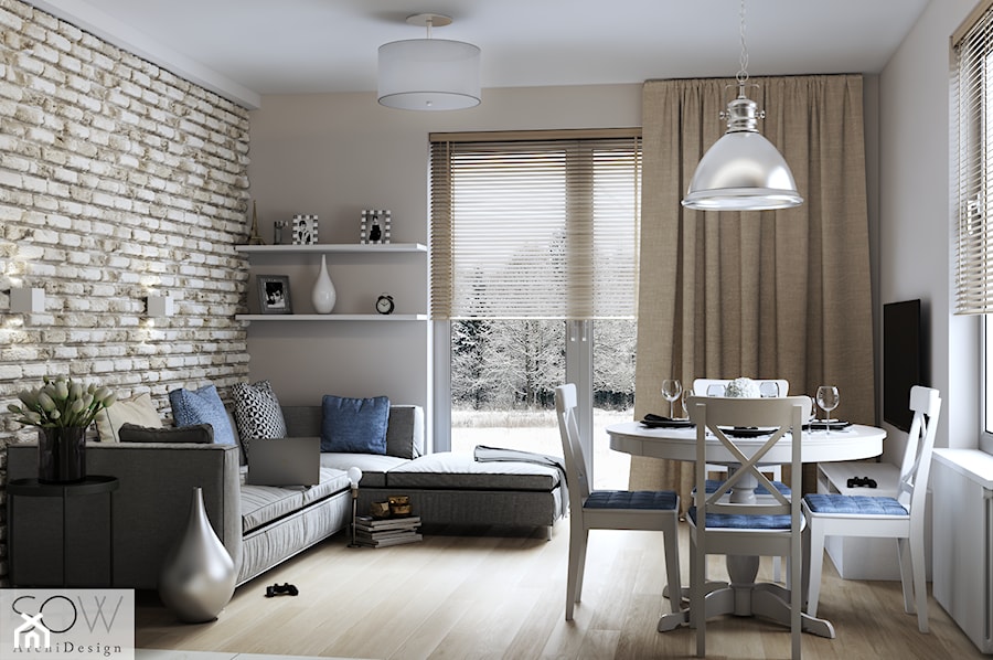 Projekt salonu z aneksem kuchennym - Mały biały salon z jadalnią z tarasem / balkonem, styl nowoczesny - zdjęcie od Architektura wnętrz Sylwia Woch