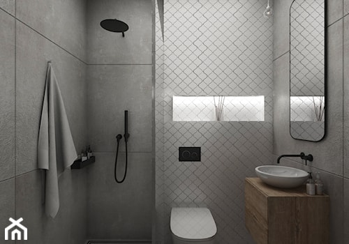 Projekt apartamentu na Grzybowskiej w Warszawie - Mała bez okna z lustrem z punktowym oświetleniem łazienka, styl minimalistyczny - zdjęcie od Architektura wnętrz Sylwia Woch