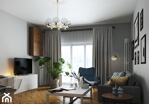 Apartament przy Rydygiera w Warszawie - Średni biały szary salon z jadalnią z tarasem / balkonem, styl skandynawski - zdjęcie od Architektura wnętrz Sylwia Woch