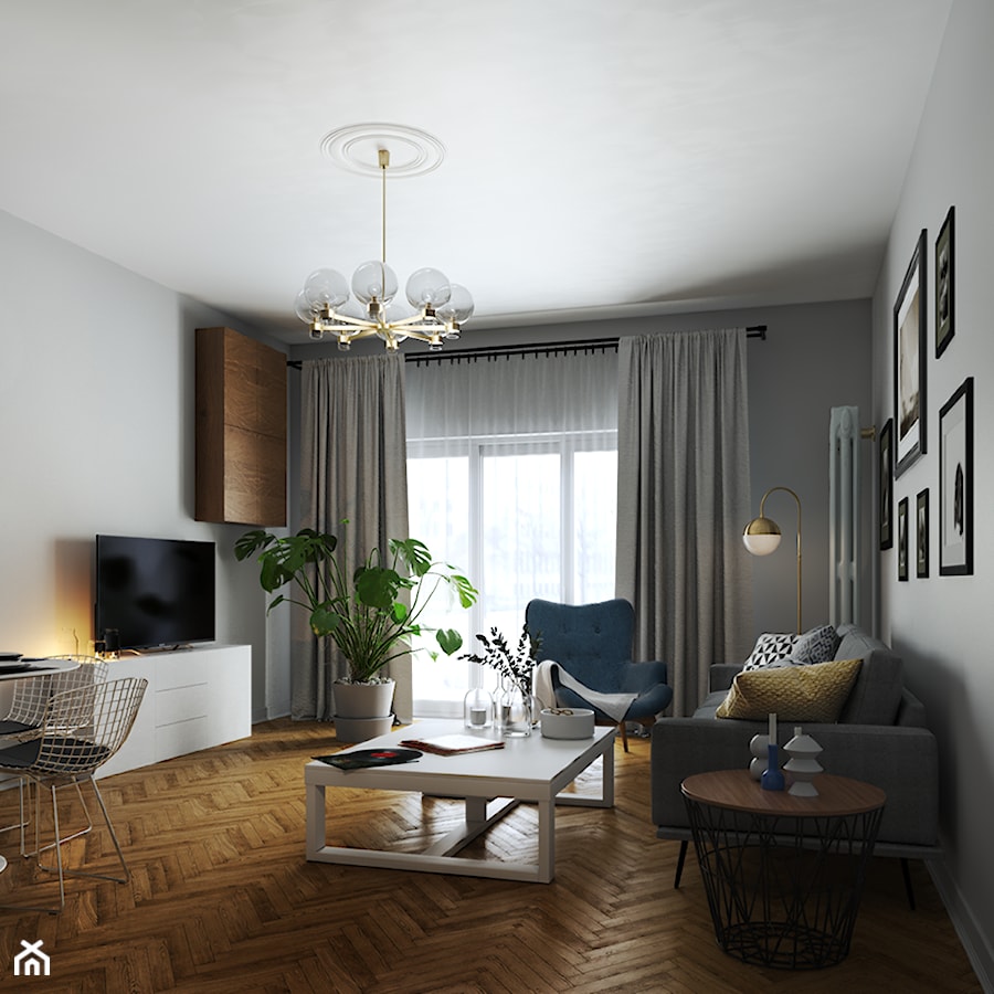 Apartament przy Rydygiera w Warszawie - Średni biały szary salon z jadalnią z tarasem / balkonem, styl skandynawski - zdjęcie od Architektura wnętrz Sylwia Woch