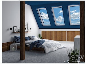Projekt mieszkania dwupoziomowego Warszawa - Duża biała niebieska sypialnia na poddaszu - zdjęcie od Architektura wnętrz Sylwia Woch