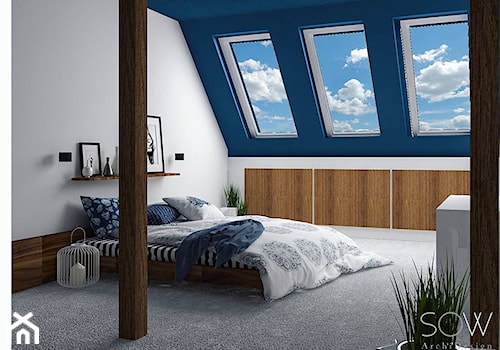 Projekt mieszkania dwupoziomowego Warszawa - Duża biała niebieska sypialnia na poddaszu - zdjęcie od Architektura wnętrz Sylwia Woch