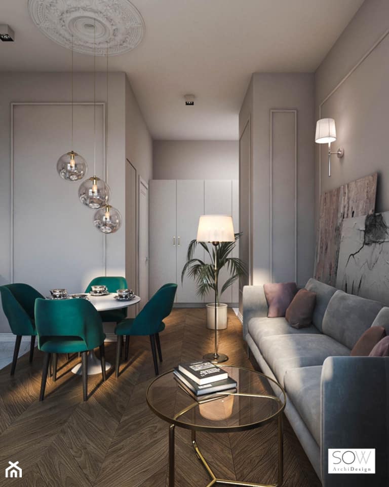 Mieszkanie pod wynajem na Złotej - Średni beżowy szary salon z jadalnią, styl nowoczesny - zdjęcie od Architektura wnętrz Sylwia Woch - Homebook