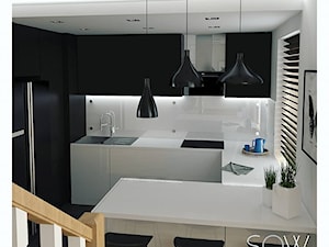 Projekt mieszkania dwupoziomowego Warszawa - Mała otwarta biała czarna z zabudowaną lodówką z nablatowym zlewozmywakiem kuchnia w kształcie litery g z oknem, styl nowoczesny - zdjęcie od Architektura wnętrz Sylwia Woch