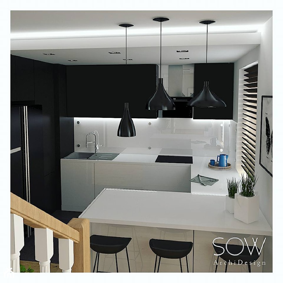 Projekt mieszkania dwupoziomowego Warszawa - Mała otwarta biała czarna z zabudowaną lodówką z nablatowym zlewozmywakiem kuchnia w kształcie litery g z oknem, styl nowoczesny - zdjęcie od Architektura wnętrz Sylwia Woch