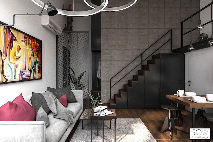 Kawalerka z antresolą - Średni czarny szary salon z jadalnią, styl industrialny - zdjęcie od Architektura wnętrz Sylwia Woch