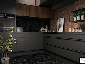 Kawalerka z antresolą - Średnia zamknięta czarna kuchnia w kształcie litery l, styl industrialny - zdjęcie od Architektura wnętrz Sylwia Woch