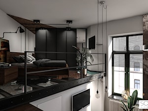 Kawalerka z antresolą - Średnia czarna szara sypialnia na antresoli, styl industrialny - zdjęcie od Architektura wnętrz Sylwia Woch