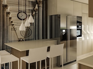 Wnętrza w ciepłym, eleganckim klimacie - Średnia otwarta z kamiennym blatem szara z zabudowaną lodówką kuchnia jednorzędowa, styl nowoczesny - zdjęcie od Architektura wnętrz Sylwia Woch