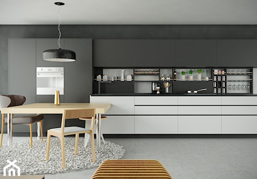 Elegancka czarna kuchnia z jadalnią w stylu minimalistycznym z okapem Loteo Grey - zdjęcie od GLOBALO.PL - Ciche i wydajne okapy kuchenne