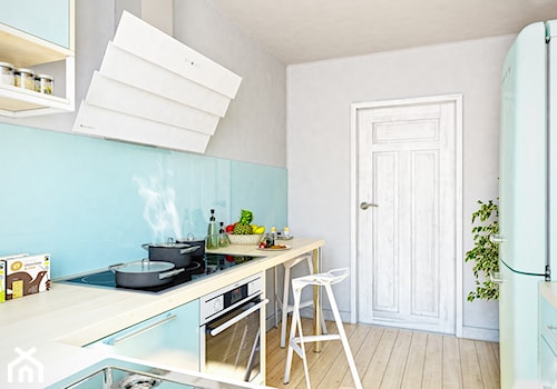 Pastelowa niebieska kuchnia z okapem ze szkła Larto White - zdjęcie od GLOBALO.PL - Ciche i wydajne okapy kuchenne