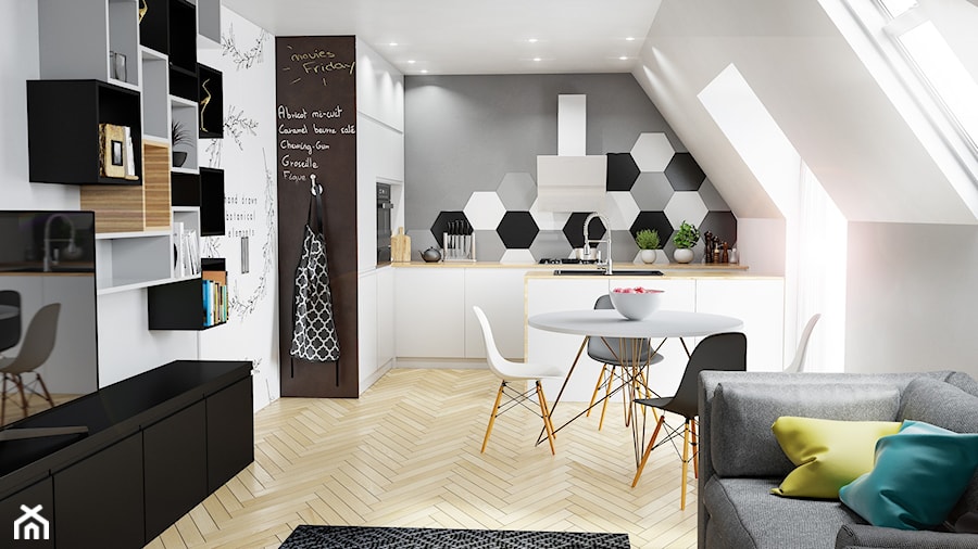 Średnia otwarta z salonem biała szara z zabudowaną lodówką z nablatowym zlewozmywakiem kuchnia w kształcie litery g z oknem, styl minimalistyczny - zdjęcie od GLOBALO.PL - Ciche i wydajne okapy kuchenne