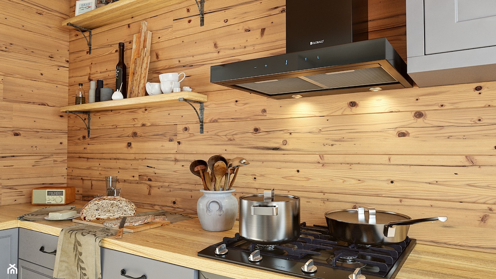 Czarny okap Verta w przytulnej drewnianej kuchni - zdjęcie od GLOBALO.PL - Ciche i wydajne okapy kuchenne - Homebook