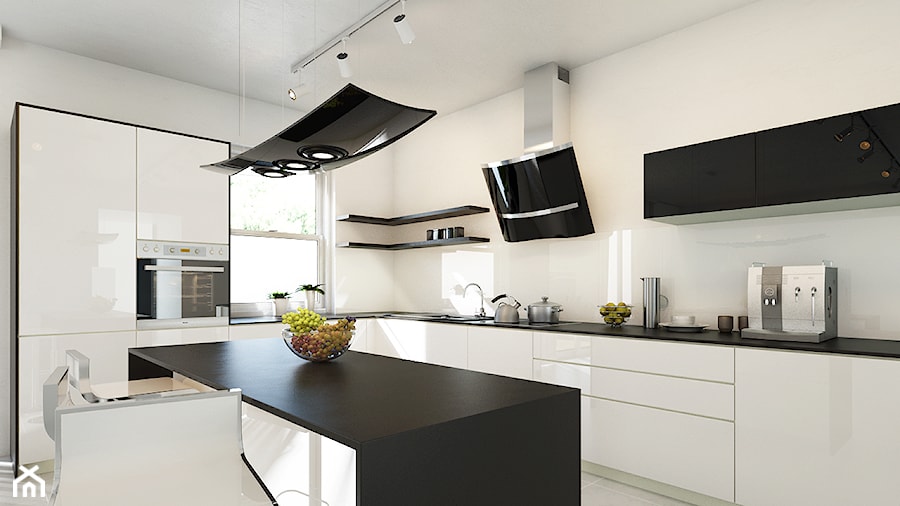 Nowoczesna czarno biała kuchnia z okapem kuchennym Altemo 90.2 Black - zdjęcie od GLOBALO.PL - Ciche i wydajne okapy kuchenne