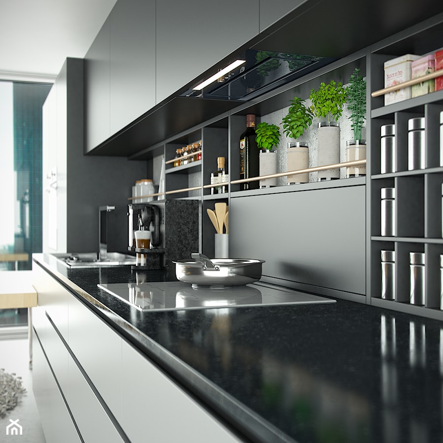 Elegancka czarna kuchnia w stylu minimalistycznym z okapem Loteo Grey - zdjęcie od GLOBALO.PL - Ciche i wydajne okapy kuchenne