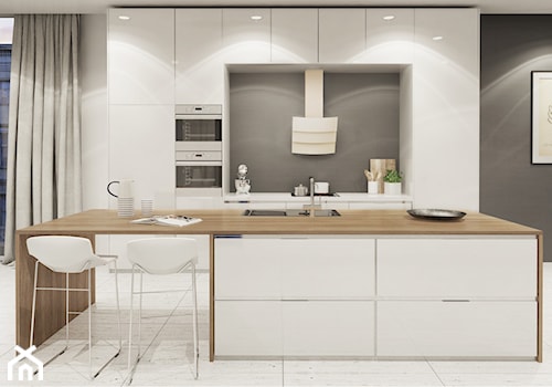 Kremowy okap przyścienny Vintio w prostej nowoczesnej kuchni - zdjęcie od GLOBALO.PL - Ciche i wydajne okapy kuchenne