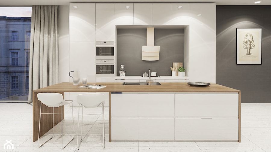 Kremowy okap przyścienny Vintio w prostej nowoczesnej kuchni - zdjęcie od GLOBALO.PL - Ciche i wydajne okapy kuchenne