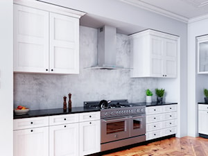 Średnia otwarta szara z lodówką wolnostojącą kuchnia w kształcie litery l, styl rustykalny - zdjęcie od GLOBALO.PL - Ciche i wydajne okapy kuchenne