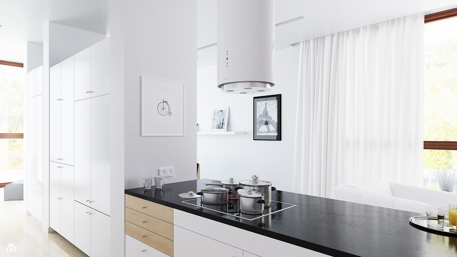 Biały okap wyspowy Cylindro w nowoczesnej kuchni - zdjęcie od GLOBALO.PL - Ciche i wydajne okapy kuchenne - Homebook