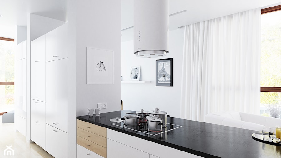 Biały okap wyspowy Cylindro w nowoczesnej kuchni - zdjęcie od GLOBALO.PL - Ciche i wydajne okapy kuchenne