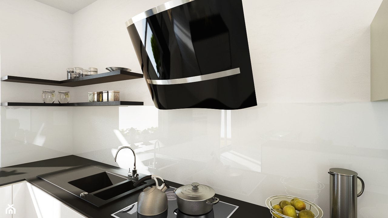 Nowoczesna czarno biała kuchnia z okapem kuchennym Altemo 90.2 Black - zdjęcie od GLOBALO.PL - Ciche i wydajne okapy kuchenne - Homebook