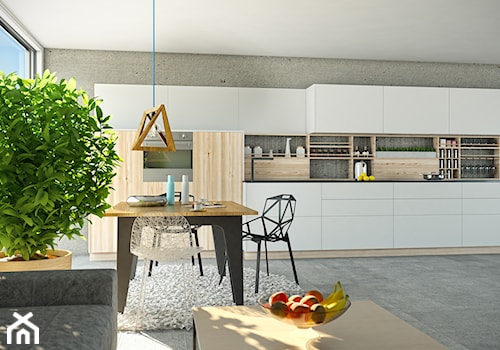 Kuchnia z jadalnią otwarta na salon w stylu minimalistycznym z okapem Loteo - zdjęcie od GLOBALO.PL - Ciche i wydajne okapy kuchenne
