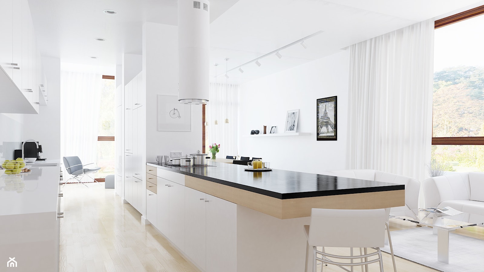 Biały okap wyspowy Cylindro w nowoczesnej kuchni - zdjęcie od GLOBALO.PL - Ciche i wydajne okapy kuchenne - Homebook