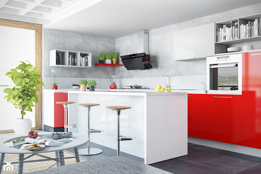 Kuchnia w stylu industrialnym z elementami czerwieni i okapem Merto - zdjęcie od GLOBALO.PL - Ciche i wydajne okapy kuchenne