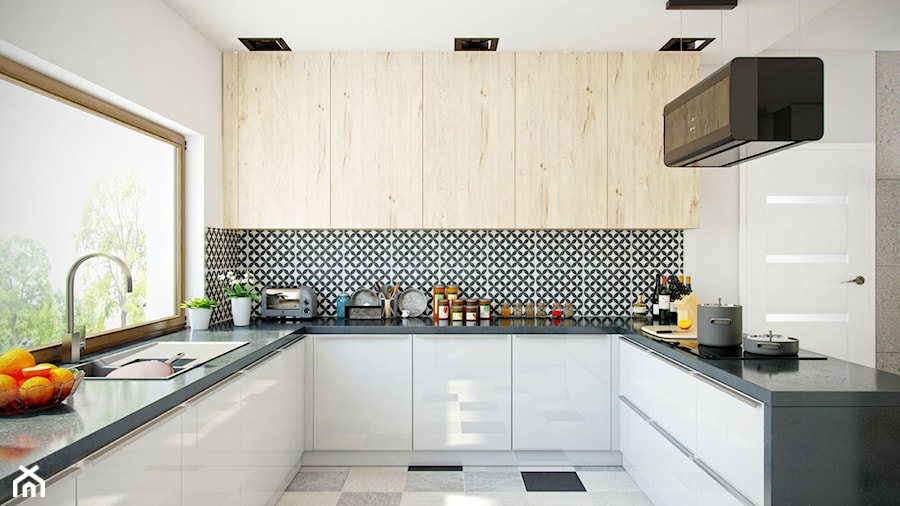 Kuchnia w domu jednorodzinnym w nowoczesnej odsłonie z okapem Tudara Black - zdjęcie od GLOBALO.PL - Ciche i wydajne okapy kuchenne