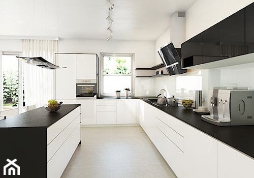 Nowoczesna czarno biała kuchnia z okapem kuchennym Altemo 90.2 Black - zdjęcie od GLOBALO.PL - Ciche i wydajne okapy kuchenne