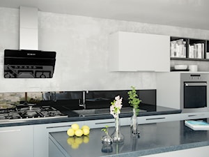 Przyścienny okap Merto w przytulnej szarej kuchni - zdjęcie od GLOBALO.PL - Ciche i wydajne okapy kuchenne