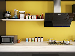 Nowoczesna kuchnia w żółtej kolorystyce z okapem Larto - zdjęcie od GLOBALO.PL - Ciche i wydajne okapy kuchenne
