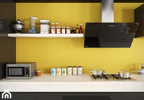 Nowoczesna kuchnia w żółtej kolorystyce z okapem Larto - zdjęcie od GLOBALO.PL - Ciche i wydajne okapy kuchenne