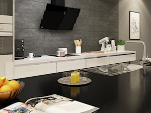 Kuchnia z betonem architektonicznym, elegancką wyspą i okapem Vintio Black - zdjęcie od GLOBALO.PL - Ciche i wydajne okapy kuchenne