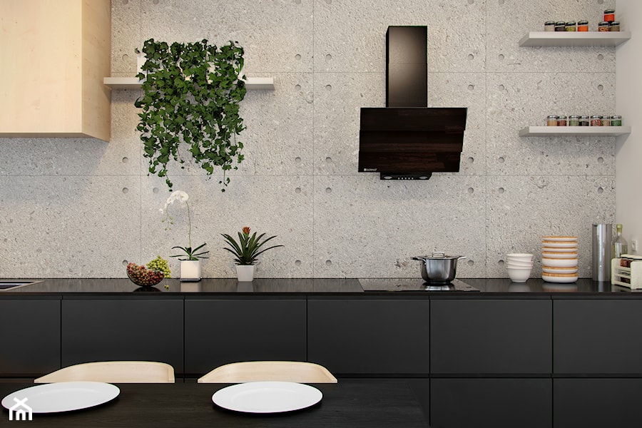 Szklany okap Divergo Black w nowoczesnej minimalistycznej kuchni z betonem architektonicznym - zdjęcie od GLOBALO.PL - Ciche i wydajne okapy kuchenne