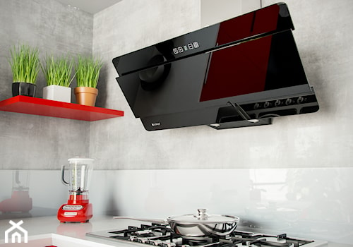 Kuchnia w stylu industrialnym z elementami czerwieni i okapem Merto - zdjęcie od GLOBALO.PL - Ciche i wydajne okapy kuchenne