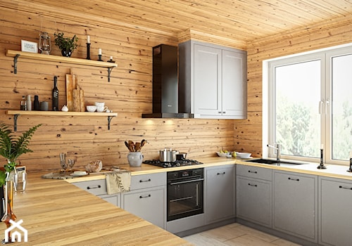 Czarny okap Verta w przytulnej drewnianej kuchni - zdjęcie od GLOBALO.PL - Ciche i wydajne okapy kuchenne