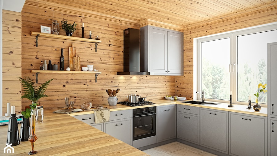 Czarny okap Verta w przytulnej drewnianej kuchni - zdjęcie od GLOBALO.PL - Ciche i wydajne okapy kuchenne