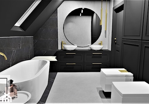 black - Średnia z lustrem z dwoma umywalkami z punktowym oświetleniem łazienka z oknem, styl tradycyjny - zdjęcie od czaswnetrz.pl