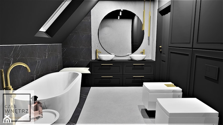 black - Średnia z lustrem z dwoma umywalkami z punktowym oświetleniem łazienka z oknem, styl tradycyjny - zdjęcie od czaswnetrz.pl
