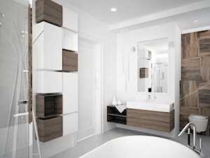 PROJEKT WNĘTRZ DOMU JEDNORODZINNEGO W ŁOMIANKACH - Średnia duża łazienka, styl minimalistyczny - zdjęcie od Równo pod Sufitem Projektowanie Wnętrz