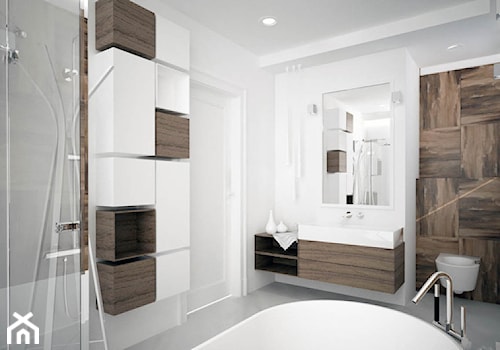 PROJEKT WNĘTRZ DOMU JEDNORODZINNEGO W ŁOMIANKACH - Średnia duża łazienka, styl minimalistyczny - zdjęcie od Równo pod Sufitem Projektowanie Wnętrz