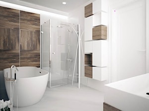 PROJEKT WNĘTRZ DOMU JEDNORODZINNEGO W ŁOMIANKACH - Średnia łazienka, styl minimalistyczny - zdjęcie od Równo pod Sufitem Projektowanie Wnętrz