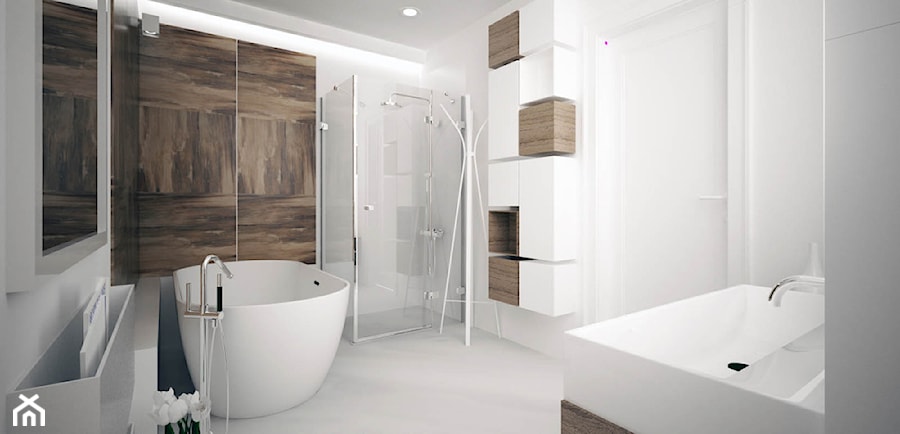 PROJEKT WNĘTRZ DOMU JEDNORODZINNEGO W ŁOMIANKACH - Średnia łazienka, styl minimalistyczny - zdjęcie od Równo pod Sufitem Projektowanie Wnętrz