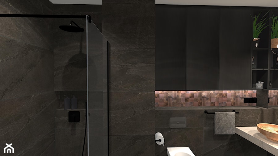 Łazienka z miedzianą mozaiką - Średnia bez okna z lustrem z punktowym oświetleniem łazienka, styl industrialny - zdjęcie od Unicad Design
