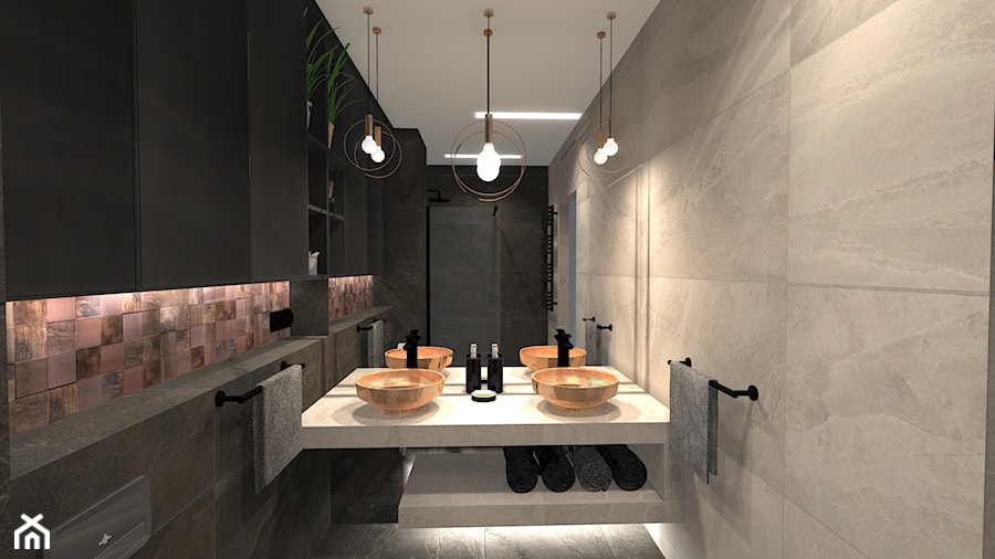 Łazienka z miedzianą mozaiką - Mała bez okna z lustrem z dwoma umywalkami łazienka, styl industrialny - zdjęcie od Unicad Design