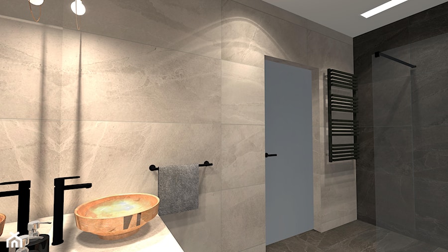 Łazienka z miedzianą mozaiką - Średnia bez okna z lustrem z marmurową podłogą z punktowym oświetleniem łazienka, styl industrialny - zdjęcie od Unicad Design