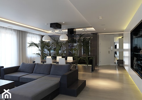 apartament Włochy - Duży biały salon z jadalnią, styl nowoczesny - zdjęcie od ON/OFF Architekci