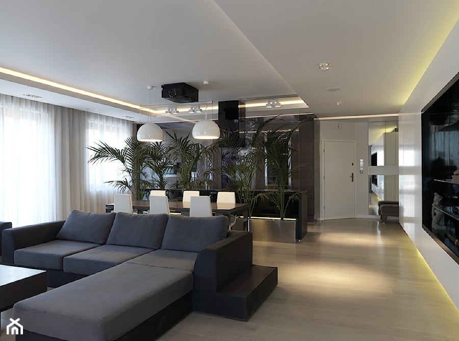 apartament Włochy - Duży biały salon z jadalnią, styl nowoczesny - zdjęcie od ON/OFF Architekci