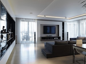 apartament Włochy - Duży biały salon z jadalnią z tarasem / balkonem, styl nowoczesny - zdjęcie od ON/OFF Architekci